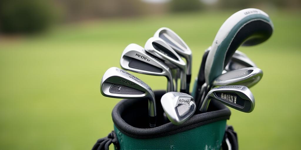 ゴルフバッグに綺麗に並べられたレンタル用ゴルフクラブセット